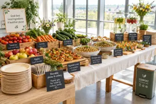 Event buffet table with colorful local seasonal fruits and vegetables, reusable dishware, small ingredient origin signs, and a compost bin in a bright, sunlit room.
